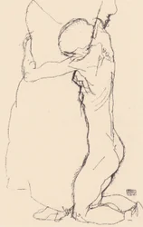 Kniende, eine Stehende umarmend